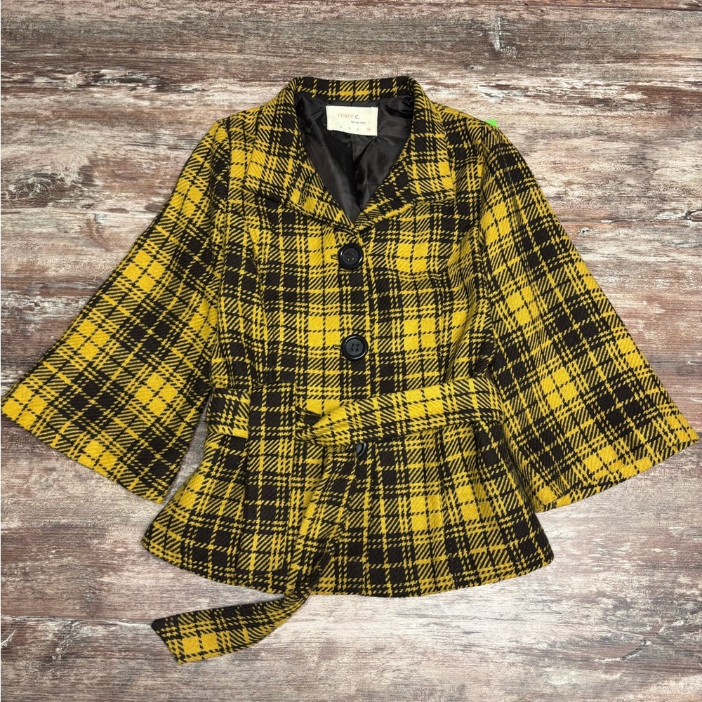 Renee C | VGUC Y2K Yellow Black Plaid Tartan Crop Blazer Clueless Belted Wool M